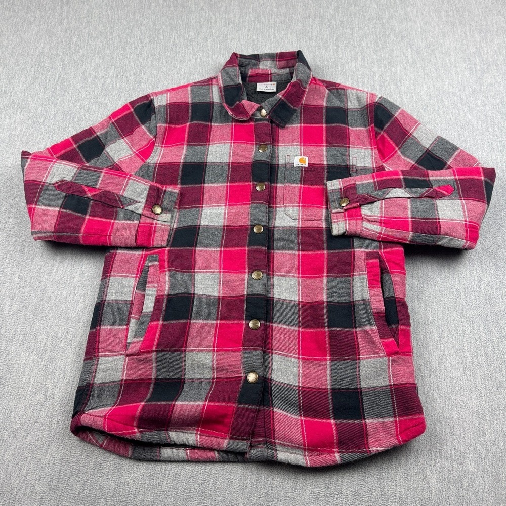 Carhartt Flannel Shirt Girls Large 14 Pink Black Plaid‎ Sherpa Lined Snap Button